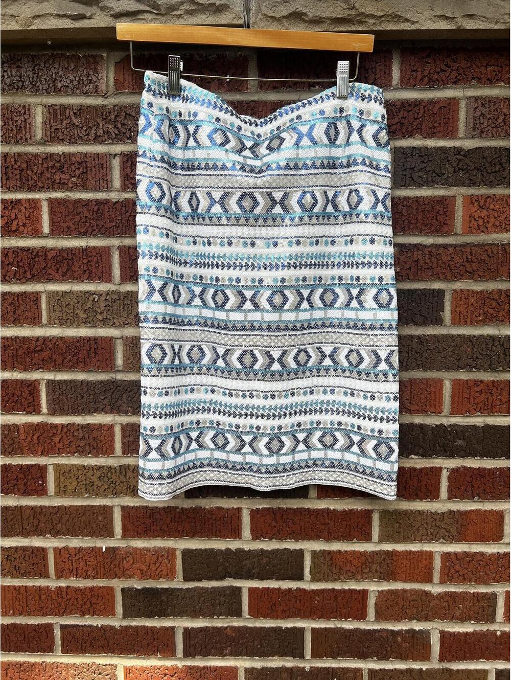 Mark Zunino White Blue and Silver Sequin Aztec Print Midi Skirt